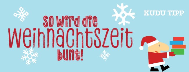 hellblaue Grafik, darauf sind weiße Schneeflocken zu sehen, ein Weihnachtsmann trägt einen Stapel Bücher. Per Klick landet man bei einer Auswahl Kinderbücher zu Weihnachten