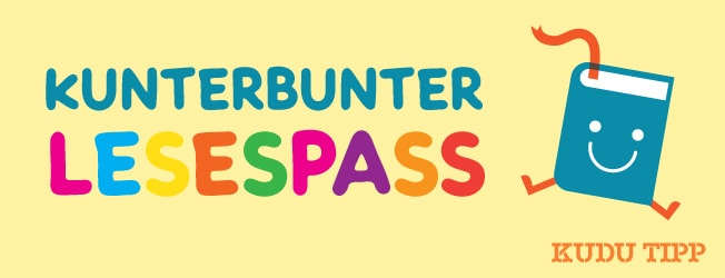 Ein illustriertes Buch hat Beine und ein Gesicht, dazu der grafische Slogan Kunterbunter Lesespaß